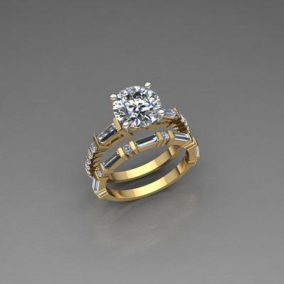 Baguette and diamond engagement ring set.  Custom designed.