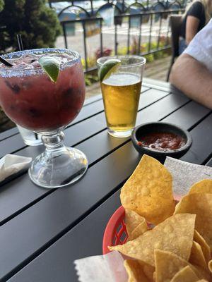 Margarita with fresh blueberries, Modelo draft, complimentary chips and salsa.