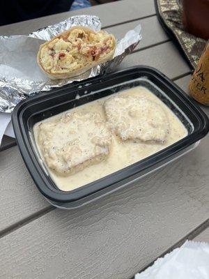 Half order biscuits and gravy and bacon burrito