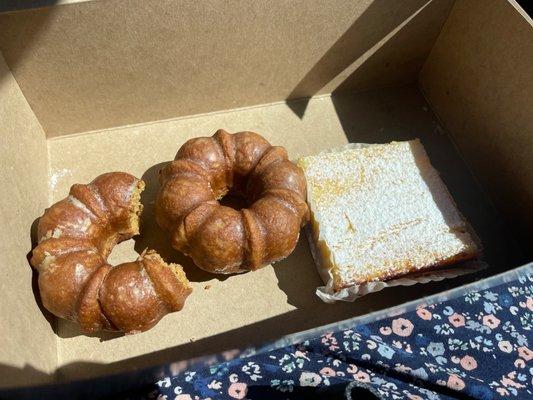 Spice cake donut and lemon bar.