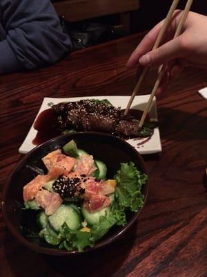 Spicy fish salad & asparagus beef maki