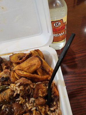 Brown Stew Chicken, Rice and peas and fried plantains