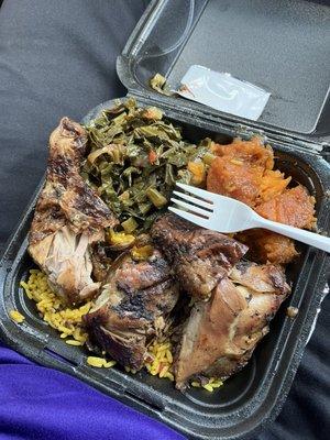 jerk chicken, yams, greens, yellow rice