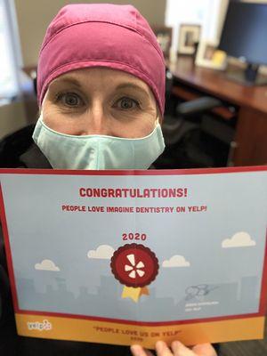 People love Imagine Dentistry on Yelp!!! Dr. Coambs SMILES big from behind her mask!