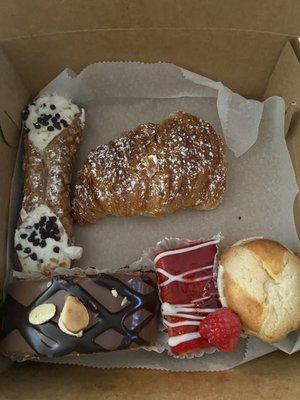 Lobster tail, cannoli, hazelnut cake, raspberry cake, and a unknown lol