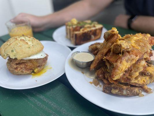 Fried Chicken Biscuit, Breakfast Sandwich, and loaded JoJos