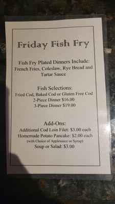 Fish fry menu as of 2/2/2024