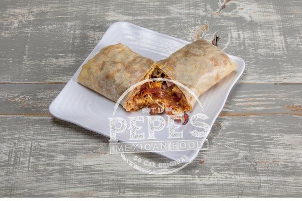 Pepe's 3 Meat Breakfast Burrito ( bacon, ham, & sausage with eggs, beans, potatoes, cheese & green chile pork sauce wrapped in a tortilla)