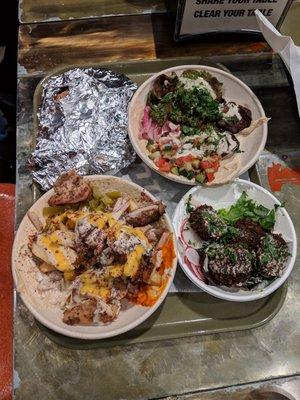 Yalla: Warm pita bread, Minute Steak (bowl, $14), Falafel ($6), and The Shouk (bowl, $13). See close-up pics for details.