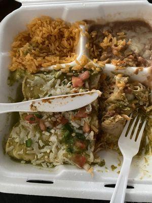 Three enchiladas, rice and beans