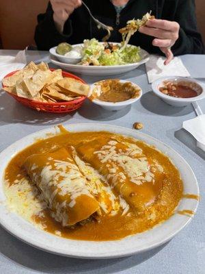 My go to, shredded beef and cheese enchilada Ala carte. Notice how they cover them in Molé sauce and cheese, insanely delicious!