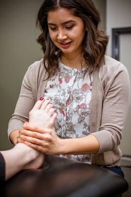 Feet get abused. Especially in dancers. DPT Elena works to restore foot mobility prior to working hip strength to restore  plie  alignment.