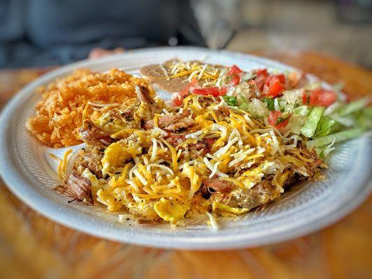 The Machaca plate with Spanish Rice and refried beans.