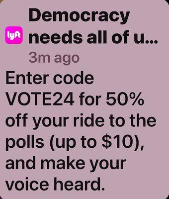 Here's a discount off your ride to vote!