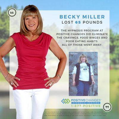 Becky from Kent, WA has lost 65 pounds and has gone from a size 18 to a size 6 with Positive Changes Hypnosis!