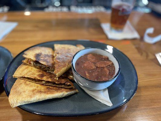 Decent but not memorable Cajun-dilla w/ pretty good Red Beans and Rice with andouille sausage.