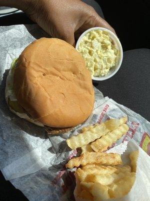 Turkey burger, fries, and potato salad