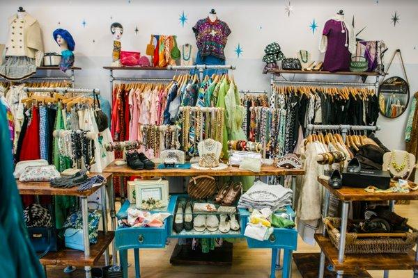 Interior of Malena's Vintage Boutique, featuring vintage women's clothing, jewelry, and accessories.