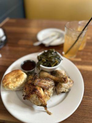 I ordered a half-roasted chicken with collard greens, a biscuit, Tabasco jam, and an Arnold Palmer.