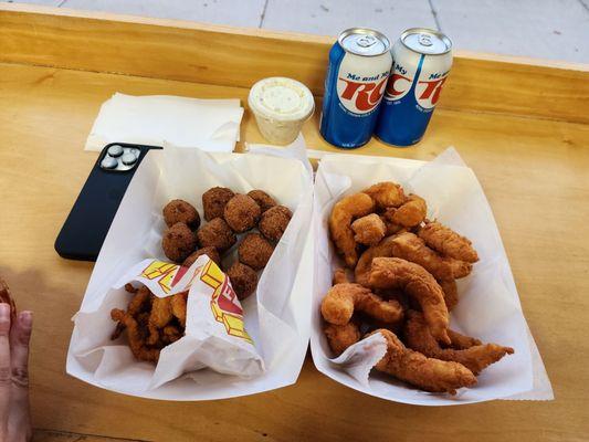 1lb shrimp Chicago, hush puppies and clam strips.