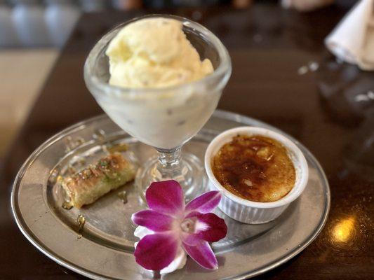 Dessert trio - baklava, Creme Brulee and saffron pistachio ice cream