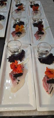 Japanese Bluefin O-Toro and Madai, White Sturgeon Caviar, SakeMoto Junmai Sake, Toasted Nori Nasturtium and Mizuna