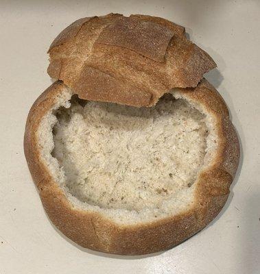 Made bread bowls for my dip. Beautiful: crunchy outside and fluffy inside.