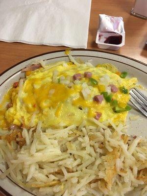 Three egg Denver omelette, hash browns and toast.