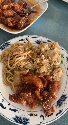 Chicken chow mein, chicken fried rice, and sesame chicken