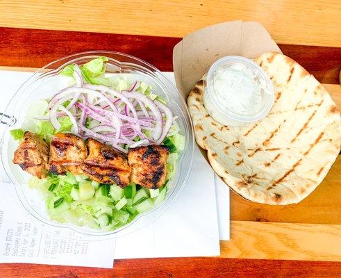 Souvlaki Bowl with Chicken (no Tomatoes) and a Pita with Tzatziki on the side