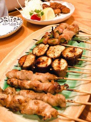 Chicken, Eggplant and Bacon wrapped Asparagus yakitori skewers