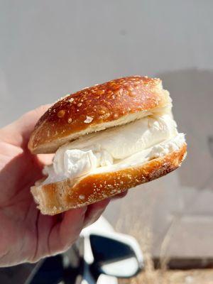 salt bagel with plain cream cheese