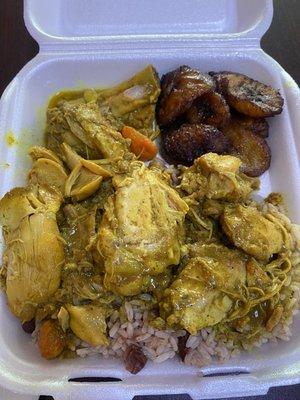 Curry chicken, Rice and Peas, plantains