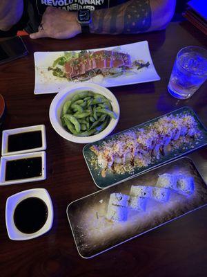 Crunch roll, California Roll and blue fin sashimi