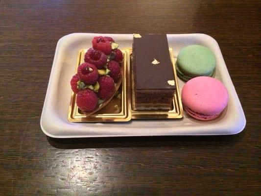 Raspberry Pistachio Tartelette, Opera cake, pistachio and raspberry Macaron