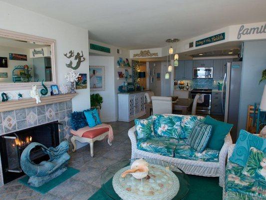 Living Room/Kitchen with ocean views.