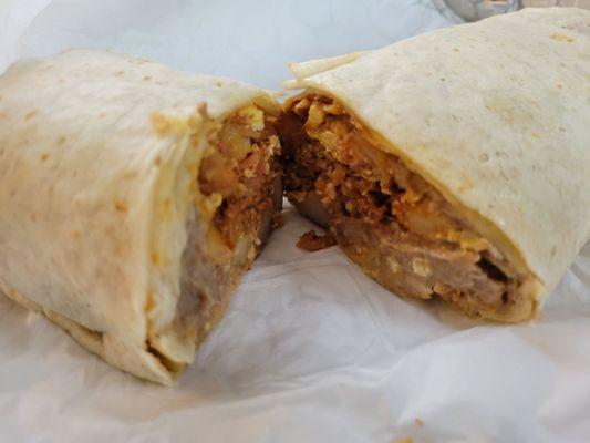 Chorizo and bacon (with bean) burrito