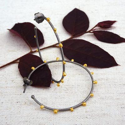 Unique dark rhodium hoops with tiny gold beads. Designed by Manjusha Jewels. Bay Area designer.