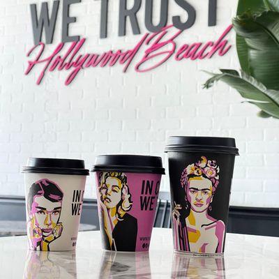 Our iconic coffee cups! Come in three sizes with one of our three muses on each cup.