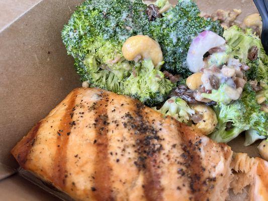 Salmon with broccoli salad from the deli. Alas, the salmon was overcooked, but the broccoli was delicious