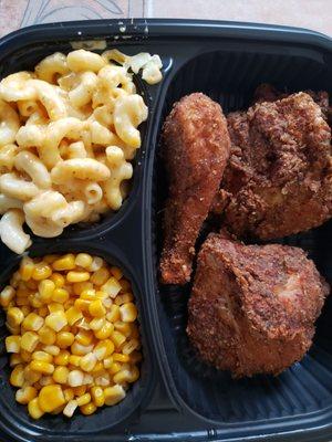 Three piece with corn and mac-n-cheese.  Chicken was dark and a little salty but still A-OK overall.