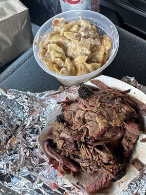 Maple bacon, macaroni, and cheese and smoked brisket