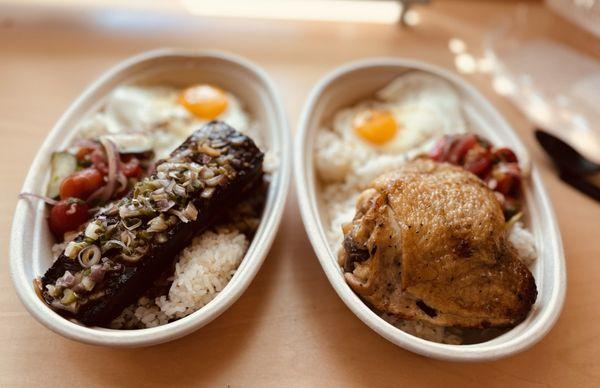 The special belly of beef adobo and chicken adobo (right)!