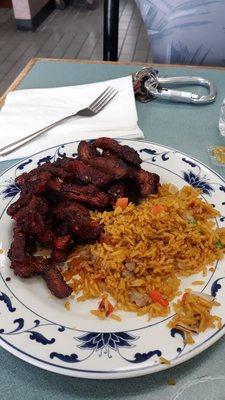 Spicy boneless spare ribs and pork fried rice.