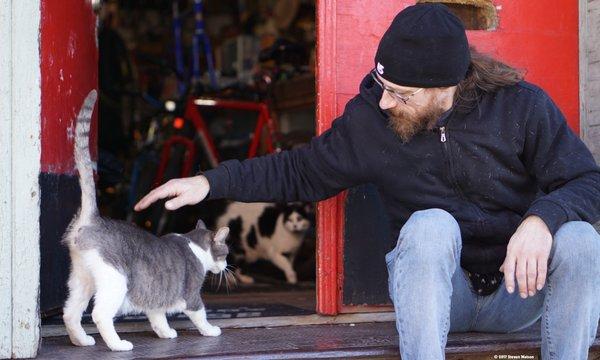 Out front of Yojimbo's Garage with the feline greeter.