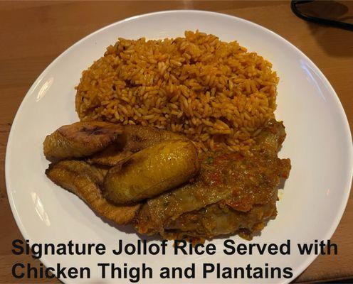 Entree Signature Jollof Rice Served with Chicken Thigh and Plantains