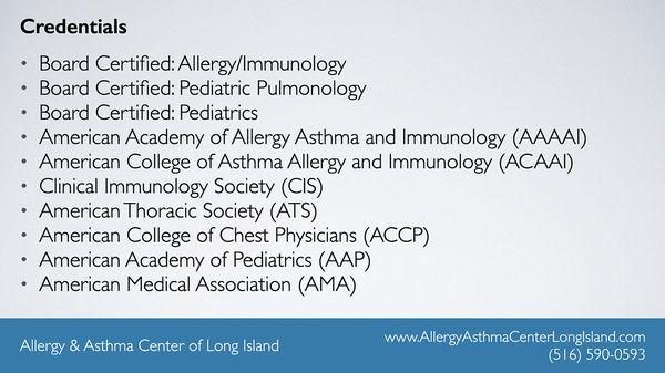 Allergy & Asthma Center of Long Island - Credentials and Memberships