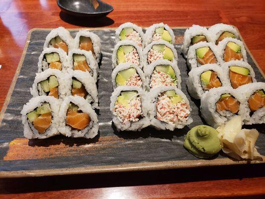 L - R: spicy salmon, cali, and Atlantic rolls