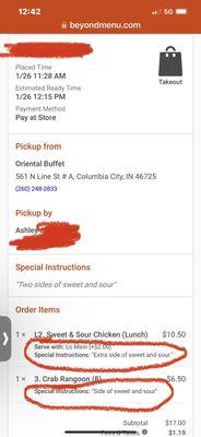 Show me asking for a side of S&S with each item. Also the $2 charge for Lo Mein.