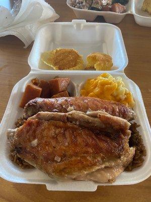 Turkey Wings Candy Yams and Macaroni and Cheese with corn bread.